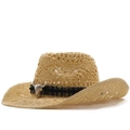 Cappello da cowboy in paglia con fascia etnica e decorazione a teschio di toro argento - M(56-58cm) / Cammello