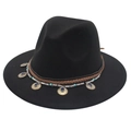 Detail of black fedora hat featuring turquoise beads and blue gemstone silver pendants - M (56-58cm) / Black