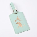 Close-up of mint green PU leather luggage tag with gold foil world map and metal buckle - Mint Green