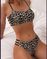 Detailed side view of leopard print bikini set showing black multi-strap hollow design - S / Black Leopard