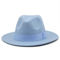 Detailed close-up of light blue felt fedora hat featuring matching satin ribbon and classic brim - Sky Blue
