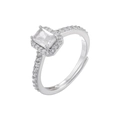 Macro view of adjustable silver-tone ring with rectangular zircon and pave setting detail - VJ486 Silver White Zircon (Rectangle)