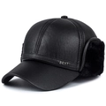 Berretto da baseball nero in ecopelle con paraorecchie e calda pelliccia sintetica - Taglia unica / Nero