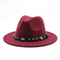 Classic wine red wool fedora hat with turquoise leather band and silver studs - M (56-58cm) / Burgundy