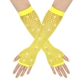 Neon yellow fishnet arm sleeves with colorful rhinestones in a long fingerless style - Fingerless Rhinestone / Yellow