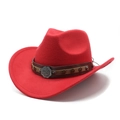 Close-up of red felt western cowboy hat with brown leather band and metal star studs - M (56-58cm) / Red
