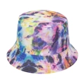 Detail of multi-color tie-dye bucket hat with reinforced stitching and cotton texture - 58cm / Purple Yellow Blue Green Vibrant Tie-Dye (9)