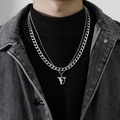 Men's double layer silver Cuban chain necklace with a stylistic letter V pendant charm - Letter V (Double Chain + Pendant)