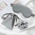 Silver silk sleep set including eye mask, drawstring bag, and scrunchie on white satin - Business Grey 3-Piece Set