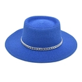 Close-up of royal blue straw hat featuring flat top and chic silver metal chain trim - M(56-58cm) / Sapphire Blue