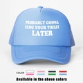Detail showing the adjustable blue trucker hat with printed slogan and color options - One Size / Lake Blue