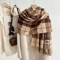 Classic plaid scarf in beige brown and blue with Good Luck label and soft fringe - Block Plaid Coffee