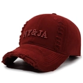 Distressed wine red baseball cap with NY&JA 3D embroidery and vintage ripped details - Adjustable / Red