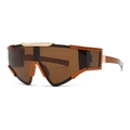 Modern oversized shield sunglasses with orange frame and golden metal accents - Orange Frame Brown Lens