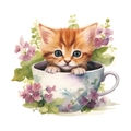 Adesivo per WC con gatto tigrato arancione in tazza da tè bianca e fiori viola - Gatto A Strisce Arancioni (fun-m36)