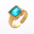 Adjustable golden ring with large square sky blue zircon and woven texture detail - Gold + Blue