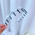 Puffy fabric wrapped wavy headband with blue and yellow floral pattern and hair teeth - Plain Style / White Blue Floral