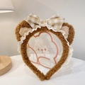 Diadema linda de felpa con orejas de oso, lazo de cuadros y encaje, accesorio dulce. - Diadema Café Oscuro