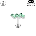 Stud de labret en titane G23 avec trois zircons verts et détail de filetage interne - 1.0*5mm / Zircon Vert