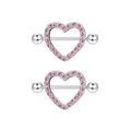 Pink heart nipple shield rings with crystal paving and stainless steel barbell set - Arrow Through Heart Pair