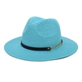 Sky blue foldable straw fedora hat with black decorative band and gold metal chain detail - M (56-58cm) / Lake Blue