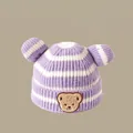 Winter striped knit hat for kids in purple and white featuring cute bear ears - 2 Months-2 Years / Striped Bear Hat Purple