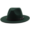 Dark green wide brim wool fedora hat with black leather belt and silver metal studs - M (56-58cm) / Dark Green