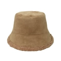 Deep camel faux suede winter bucket hat with plush sherpa fleece trim for women - 56cm-58cm / Camel