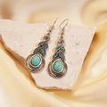 Vintage silver leaf earrings with turquoise stones on golden silk background - Hook Style / Blue/Silver
