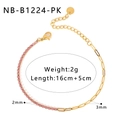 Detailed view of gold stainless steel bracelet with pink zircon tennis chain and paperclip links - Pink Pave Paperclip Chain (NB-B1224-PK)