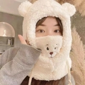 Winter plush bear ear hooded scarf with face mask in warm creamy white fleece material - One Size / White