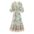 Bohemian V-neck printed dress with colorful floral patterns and waist cut-out detail - XS / Rainbow