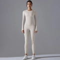 Front full-body shot of a white long-sleeved yoga set with high-waisted leggings and round neck - S / Off-White Grey