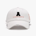 White baseball cap with black letter A embroidery and vintage distressed frayed brim details - Adjustable / White
