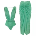 Sparkling deep V neck mint green one-piece swimsuit with high waist pleated maxi skirt - S / Blue Swimsuit Set