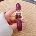 Square gold case ladies watch with elegant deep burgundy red dial and leather strap - Ancorra Red