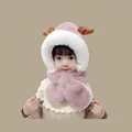 Winter fleece-lined kids knitted hat with reindeer antlers in dusty pink color - Handmade Deer Antlers Pink (for Ages 1-4)