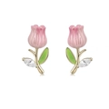 Pink tulip flower stud earrings with green leaves and marquise zircon accents - Pink Flower Tulip (Silver Post) (2685)