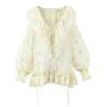 Elegante cremeweiße Chiffonbluse mit Blumenstickerei, V-Ausschnitt und Rüschendetails - S / Gebrochenes Weiß