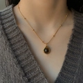 Retro stainless steel necklace with round tiger eye stone pendant on a gold beaded chain - Irregular Geometric Gem Pendant (16# Necklace-Gold-Coffee)
