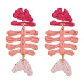 Handmade pink raffia fishbone earrings with gradient weave and metal hooks - Pink Gradient Fish Bone Handmade Woven Earrings