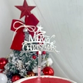 Topper per torta argento Merry Christmas con stella su sfondo di albero di Natale - Stella Argento Buon Natale