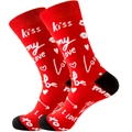 Romantic red crew socks with black heels and white 'Kiss My Love' text pattern - 39-45 / Love