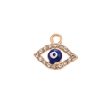 Macro view of gold-plated evil eye pendant with blue enamel and sparkling rhinestones - Blue Pointed Eye / 10 Pieces Pack