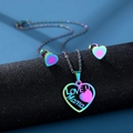 Detail of iridescent heart necklace and earrings set with Love U Mama engraving - TZ-303 Rainbow/LOVE U Mama Heart