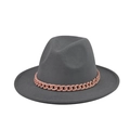 Detailed view of dark grey wide brim wool fedora hat featuring a pink chain decoration - Dark Gray(16)