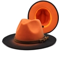 Detail view of orange wool fedora hat with black gradient brim and brown leather buckle strap - M (56-58cm) / Orange Yellow & Black