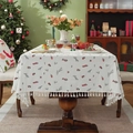 Christmas cotton tablecloth with red berry patterns, pine leaves, and white tassel edges - 90x90cm / White Floral + Tassel