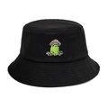 Black cotton bucket hat with cute frog and mushroom embroidery for sun protection - M(56-58cm) / Black