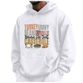 White fleece hoodie for men and women featuring colorful Thanksgiving turkey print - S / Tops / White
